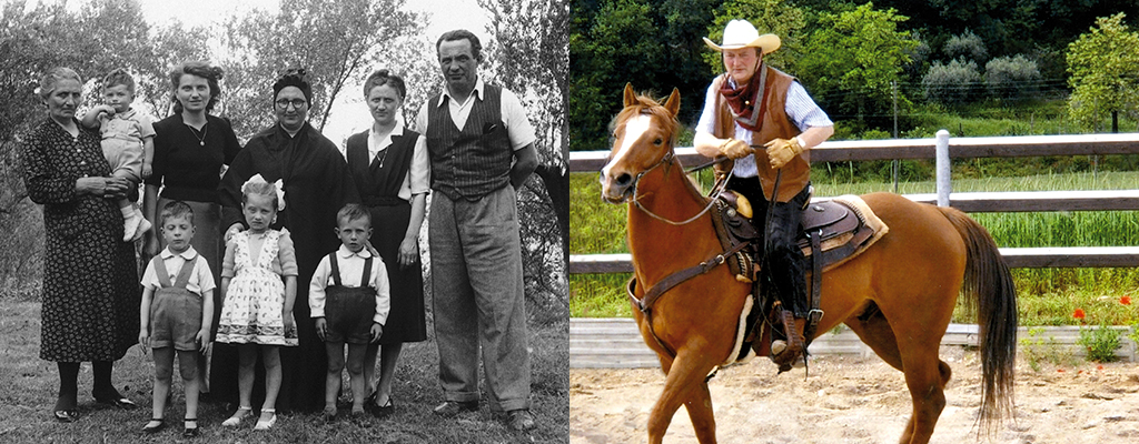 Sopra: Famiglia Masina al completo; Virginio è il terzo bambino in basso. Al centro: Virginio Masina a cavallo. In basso: Virgioni Masina a 5 anni.