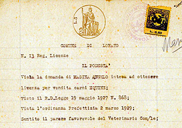 Licenza per aprire un negozio per la vendita di carni equine concessa dal Podestà ad Angelo Masina nel 1930