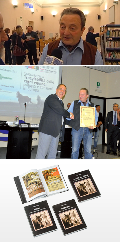 In alto: intervista a Virginio alla presentazione del suo libro. Al centro: Il presidente di Assomacellai Fiesa Confesercenti Gianpaolo Angelotti premia Virginio Masina, per l’impegno nella professione. In basso: libri scritti da Virginio Masina con traduzioni.